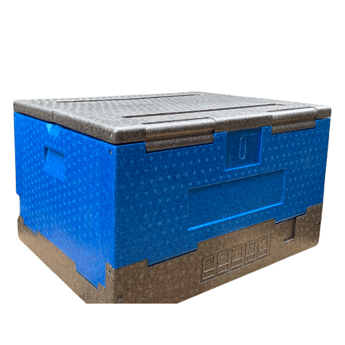 Blue insulated shipping container with a dark lid and textured surface, designed for transporting temperature-sensitive goods.