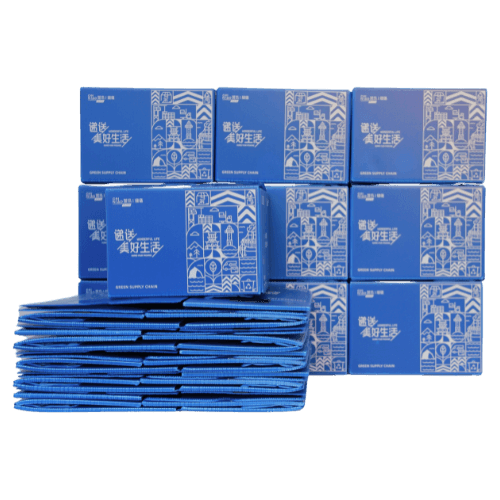 Stacks of blue tissue paper boxes with decorative white designs and text in Chinese characters.